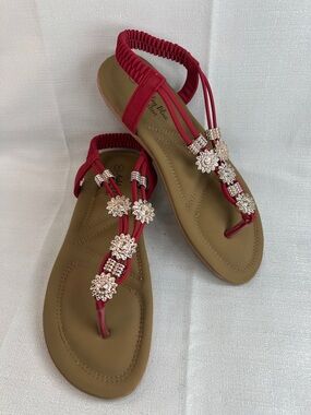 Ashley Blue Comfort, red strap sandals